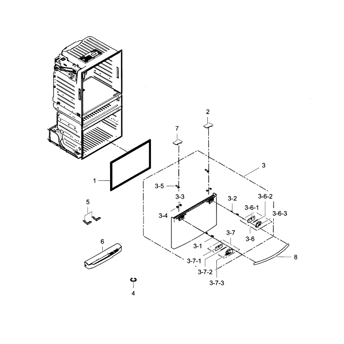Freezer Door Diagram and Parts List for RF25HMEDBBC AA-01 Samsung Refrigerator