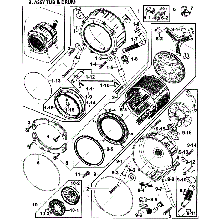 Tub / Drum Assembly Diagram and Parts List for WF419AAU XAA-00 Samsung Washer