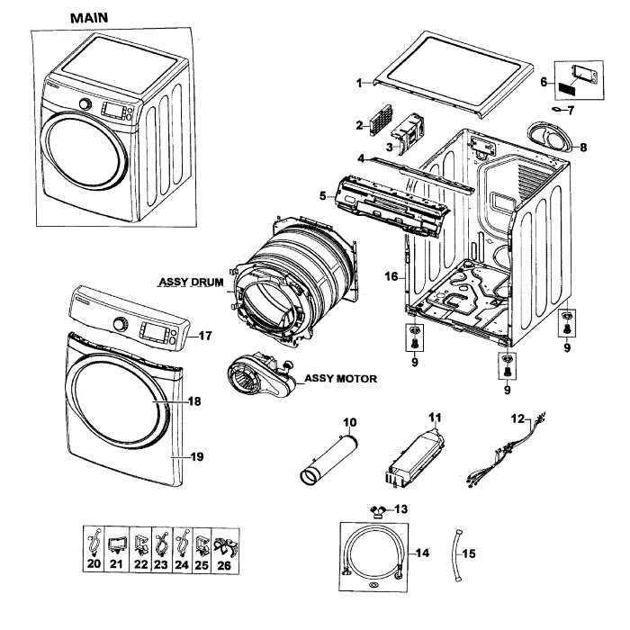 Main Assembly Diagram and Parts List for DV520AEW XAA-00 Samsung Dryer