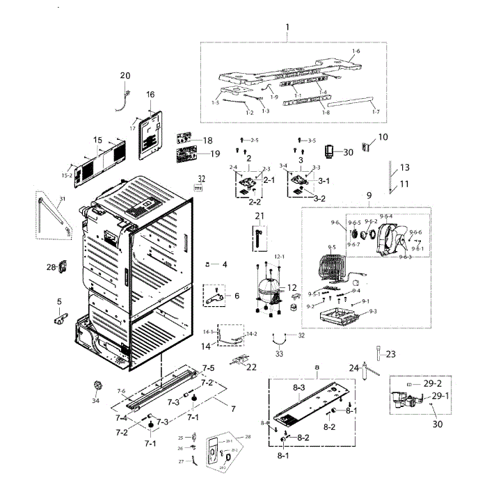 Cabinet Assembly Diagram and Parts List for RF221NCTASP AA-00 Samsung Refrigerator