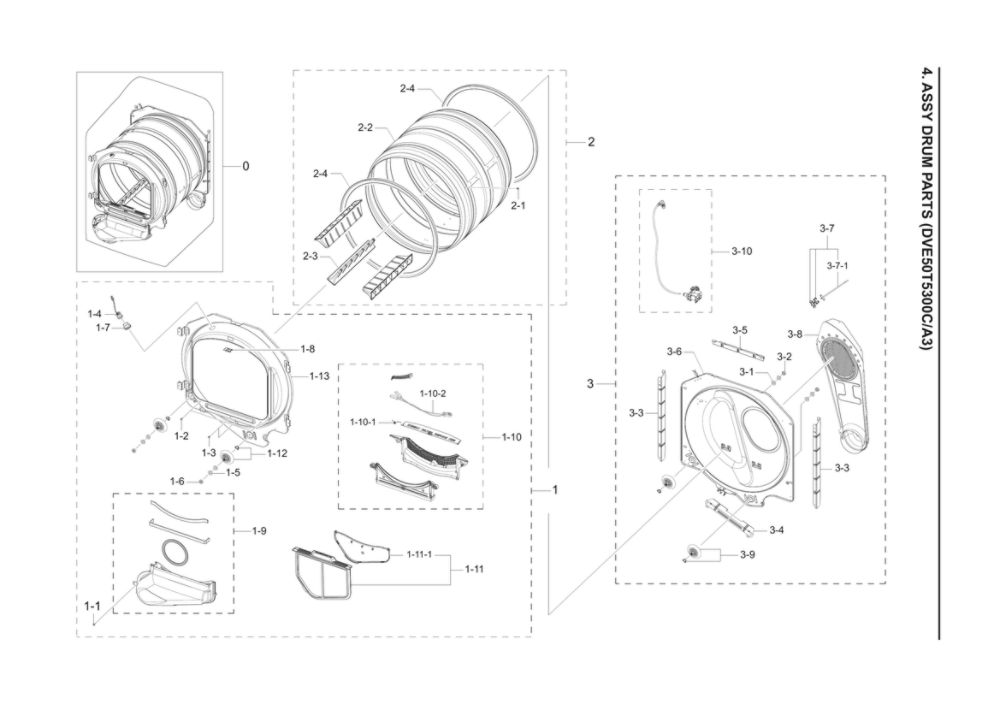 Drum Assembly Diagram and Parts List for DVE50T5300C A3-00 Samsung Dryer