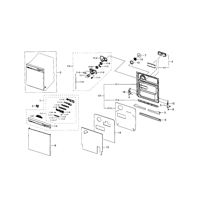 Door Assembly Diagram and Parts List for DW80J3020UB AA-00 Samsung Dishwasher