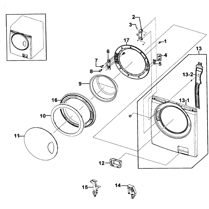 Front Assembly Diagram and Parts List for WF219ANW XAA-00 Samsung Washer