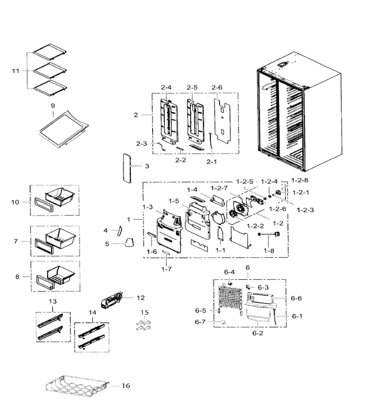 Fridge Diagram and Parts List for RS265TDRS XAA-0001 Samsung Refrigerator