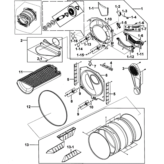 Drum Assembly Diagram and Parts List for DV316LEW XAA-00 Samsung Dryer