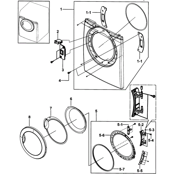 Front Assembly Diagram and Parts List for DV317AEG XAA-00 Samsung Dryer