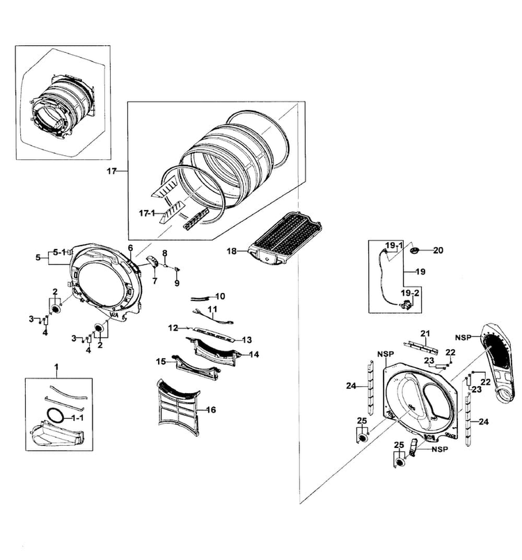 Drum Assy Diagram and Parts List for DV511AEW XAA-0001 Samsung Dryer