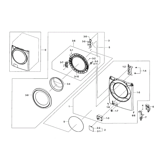 Frame Front And Door Diagram and Parts List for WF42H5200AF A2-00 Samsung Washer