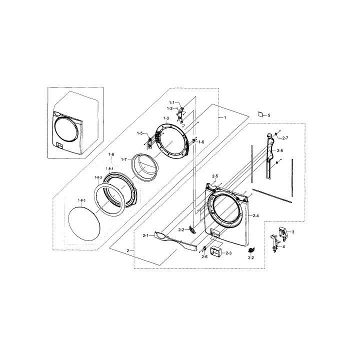 Frame Front And Door Diagram and Parts List for WF448AAP XAA-05 Samsung Washer
