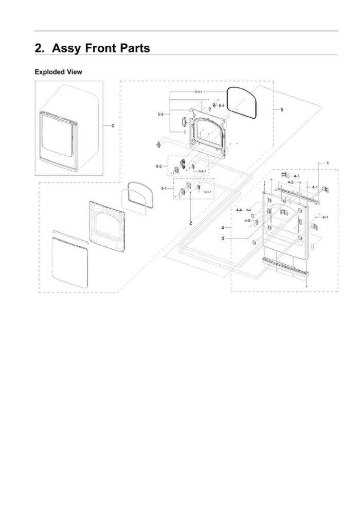 Front Parts Assembly Diagram and Parts List for DVG50R5200W A3-00 Samsung Dryer
