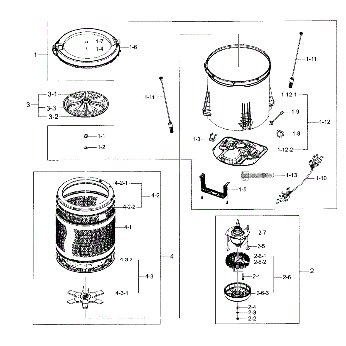 Tub Assembly Diagram and Parts List for WA45H7200AW A2-01 Samsung Washer