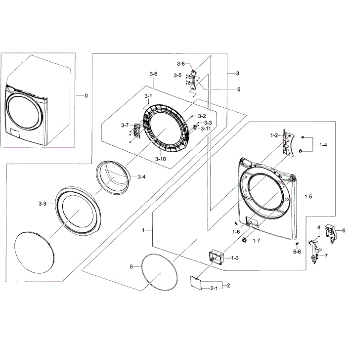 Front / Door Section Diagram and Parts List for WF45H6300AW A2-01 Samsung Washer