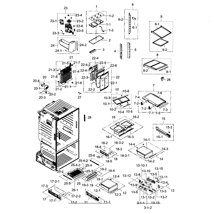 Fridge Diagram and Parts List for RF30HDEDTSR AA-03 Samsung Refrigerator