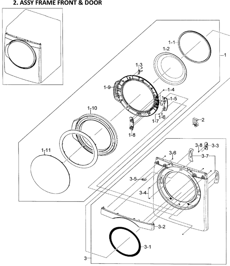 Front/door Assy Diagram and Parts List for DV448AGW XAA-0001 Samsung Dryer