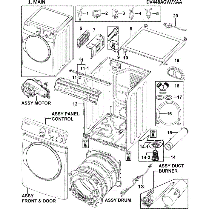 Main Assembly Diagram and Parts List for DV448AGW XAA-00 Samsung Dryer