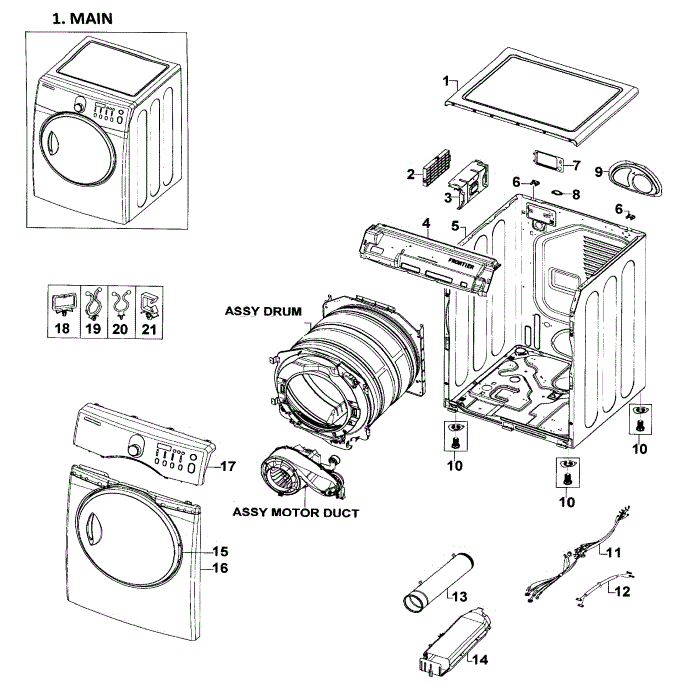 Main Assembly Diagram and Parts List for DV218AEW XAA-01 Samsung Dryer