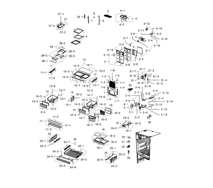 Fridge Diagram and Parts List for RFG237AAWP XAA-0002 Samsung Refrigerator