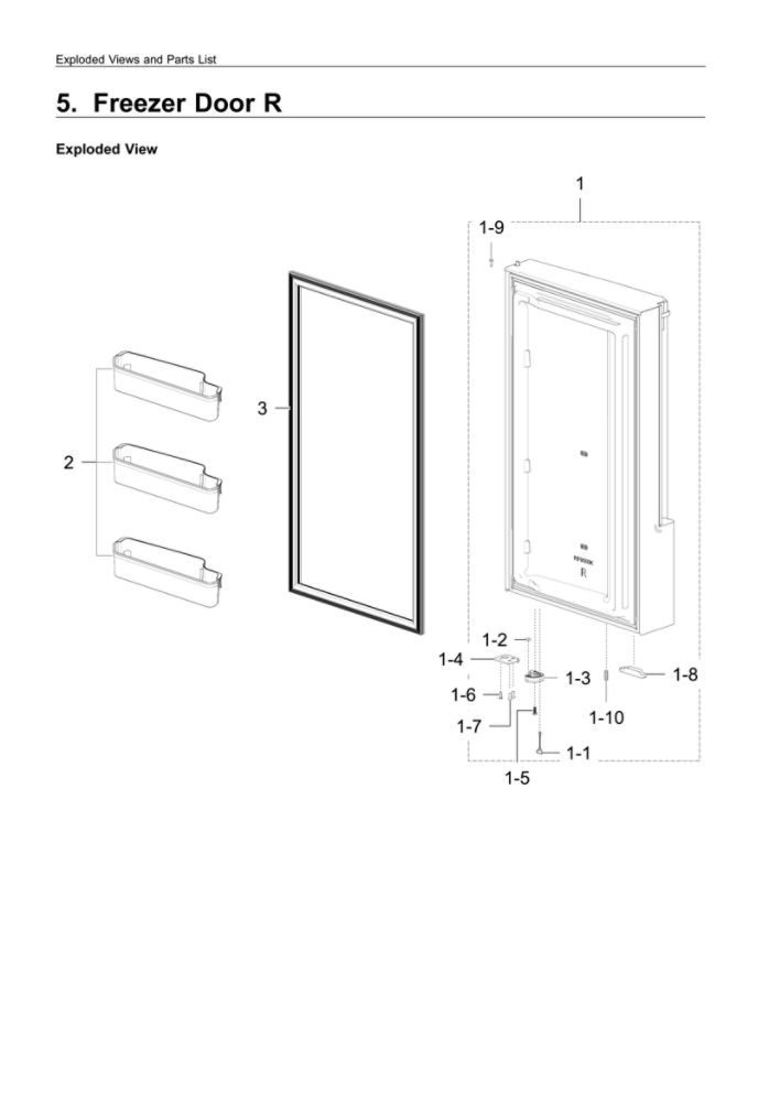 Right Freezer Door Assembly Diagram and Parts List for RF22K9381SR AA-02 Samsung Refrigerator