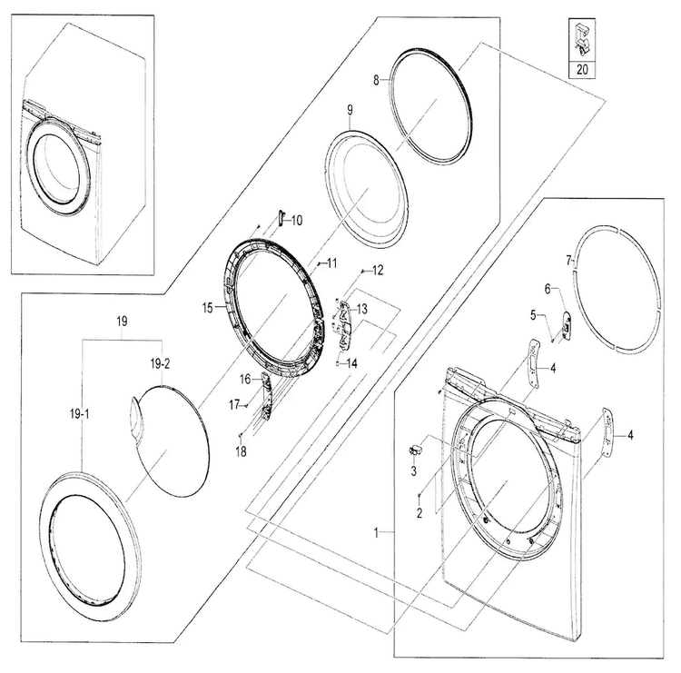 Front Assy Diagram and Parts List for DV209AEW XAA-0000 Samsung Dryer