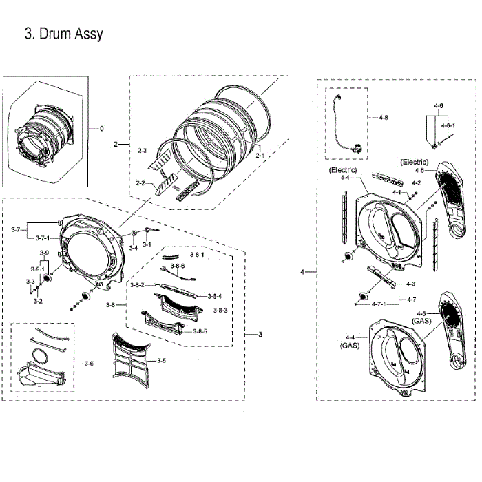 Drum Assembly Diagram and Parts List for DVG55M9600V A3-00 Samsung Dryer