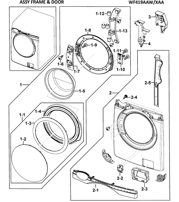 Door Assy Diagram and Parts List for WF419AAW XAA-0000 Samsung Washer