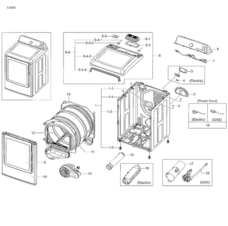 Main Asy Diagram and Parts List for DV48J7700EW A2-0001 Samsung Dryer