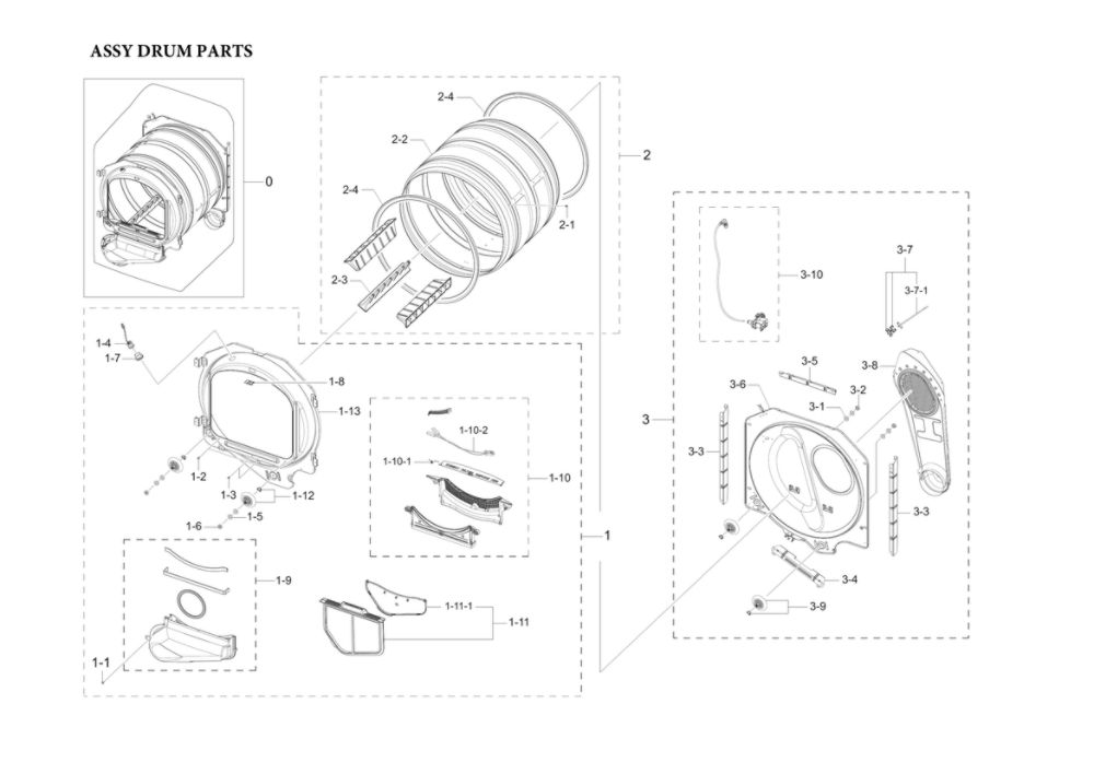 Assembly Drum Parts Diagram and Parts List for DVE54R7600C A3-00 Samsung Dryer