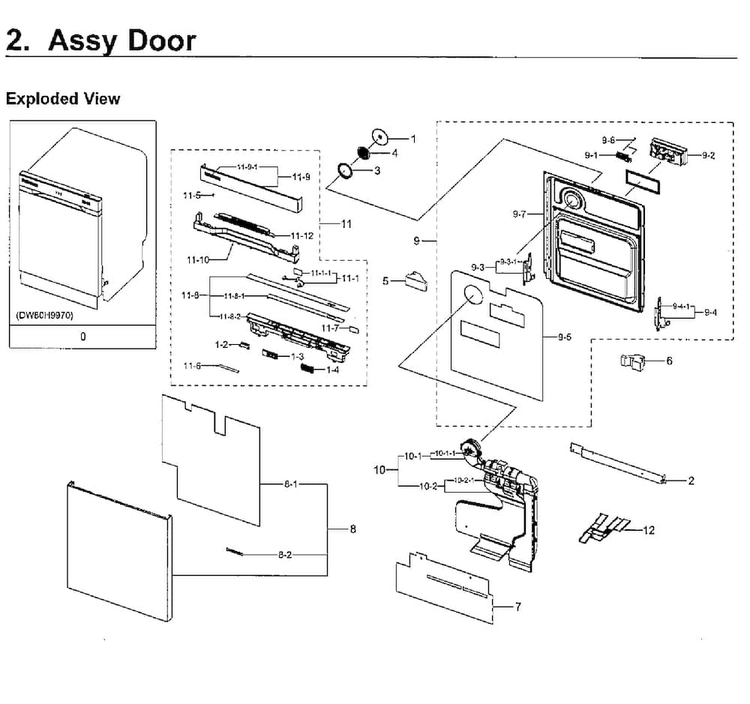 Door Diagram and Parts List for DW80H9970US AA-0002 Samsung Dishwasher
