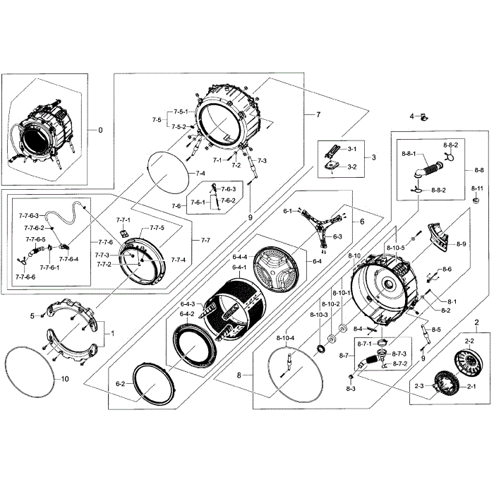 Tub / Drum Assembly Diagram and Parts List for WF405ATPAWR A2-00 Samsung Washer
