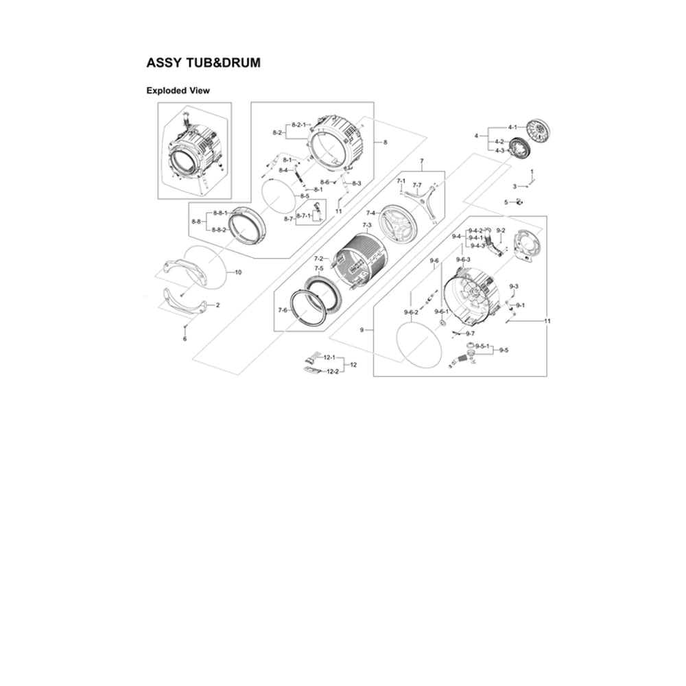 Tub And Drum Assembly Diagram and Parts List for WF241ANW (XAA)(0000) Samsung Washer