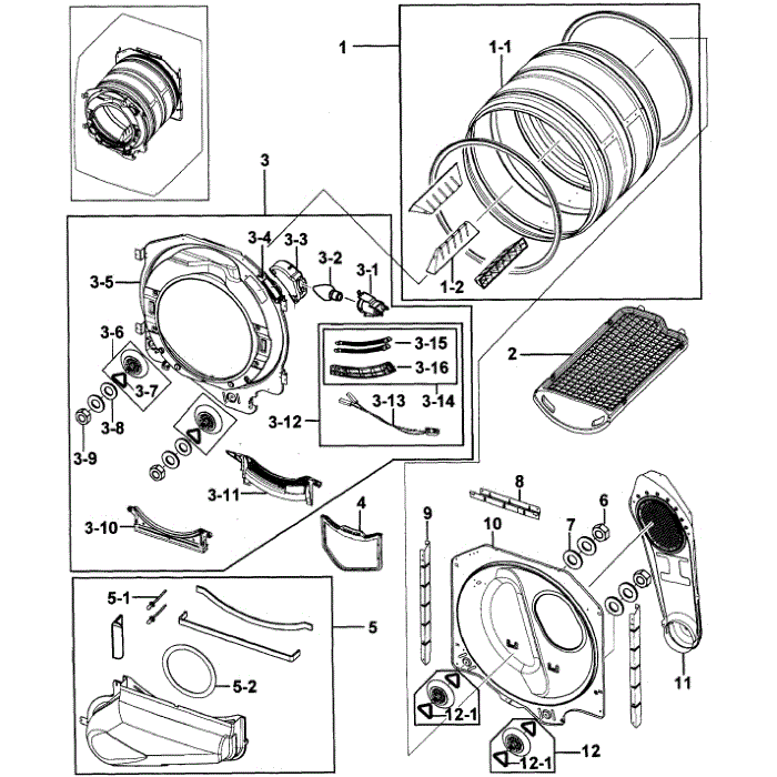 Drum Assembly Diagram and Parts List for DV209AGW XAA-00 Samsung Dryer
