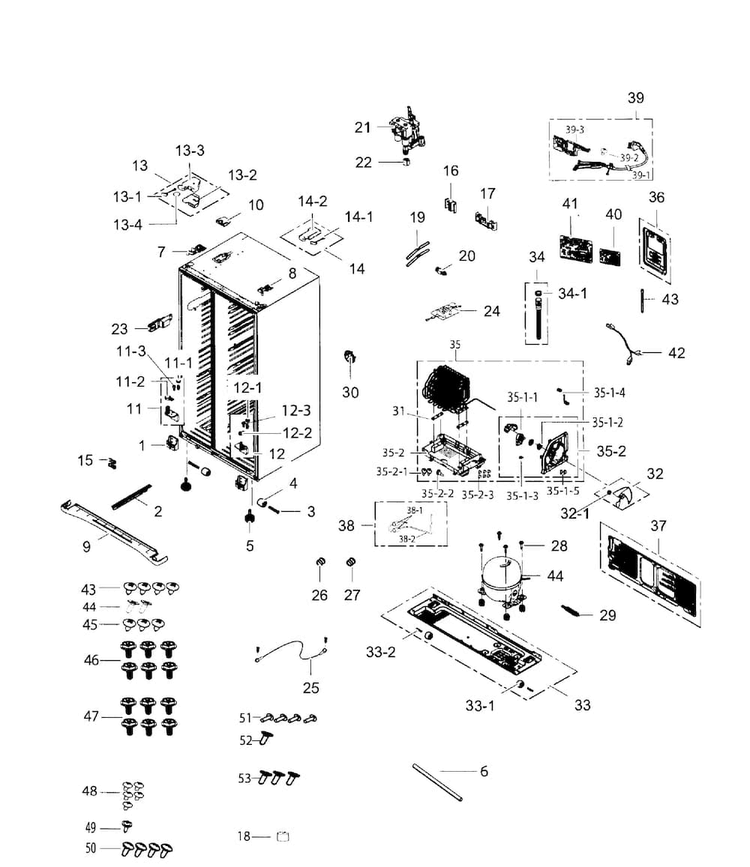 Cabinet Diagram and Parts List for RS267TDRS XAA-0001 Samsung Refrigerator