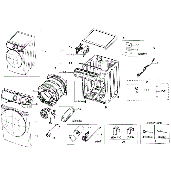 Main Assembly Diagram and Parts List for DV50K7500GW A3-01 Samsung Dryer