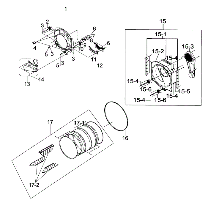 Drum Assembly Diagram and Parts List for DV206AGS XAA-00 Samsung Dryer