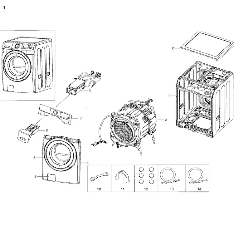 Main Asy Diagram and Parts List for WF42H5200AW A2-0001 Samsung Washer