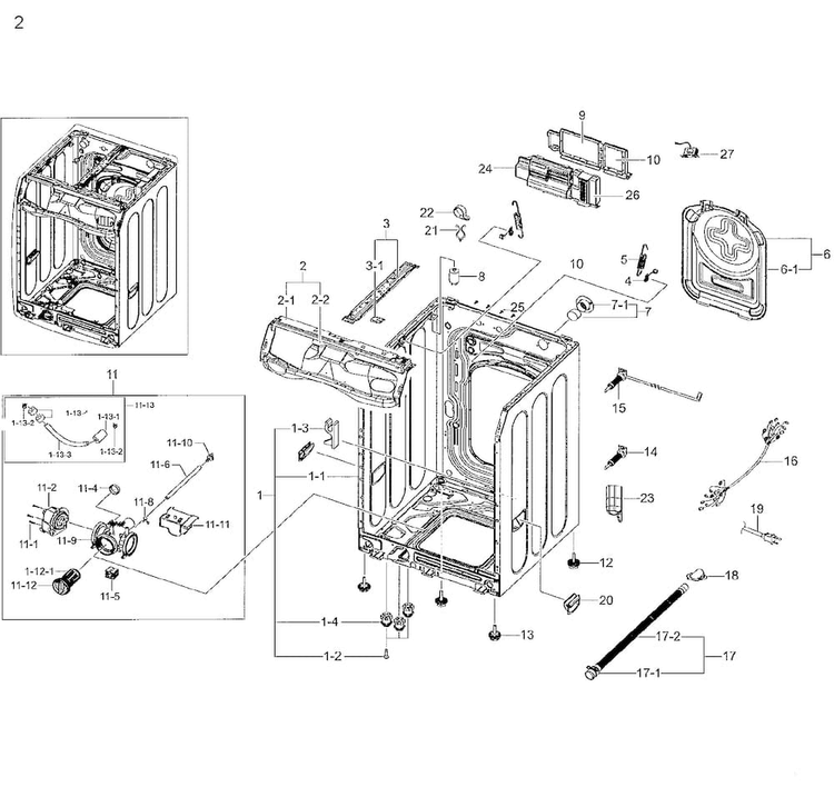 Frame & Cover Parts Diagram and Parts List for WF42H5200AW A2-0001 Samsung Washer