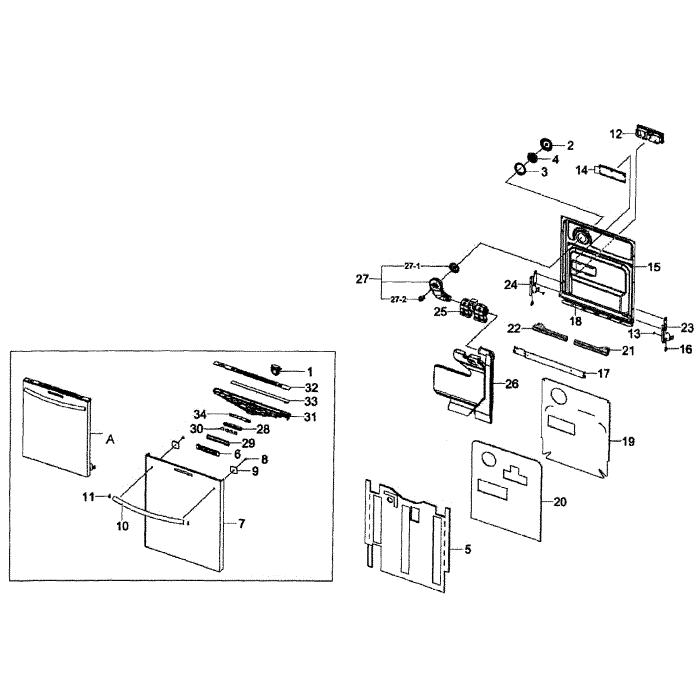Door Assembly Diagram and Parts List for DW80F800UWS AA-00 Samsung Dishwasher