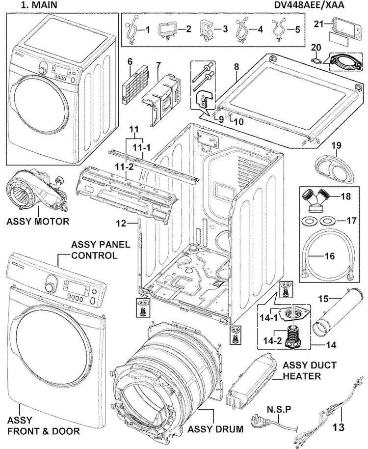 Main Aassy Diagram and Parts List for DV448AEE XAA-0000 Samsung Dryer
