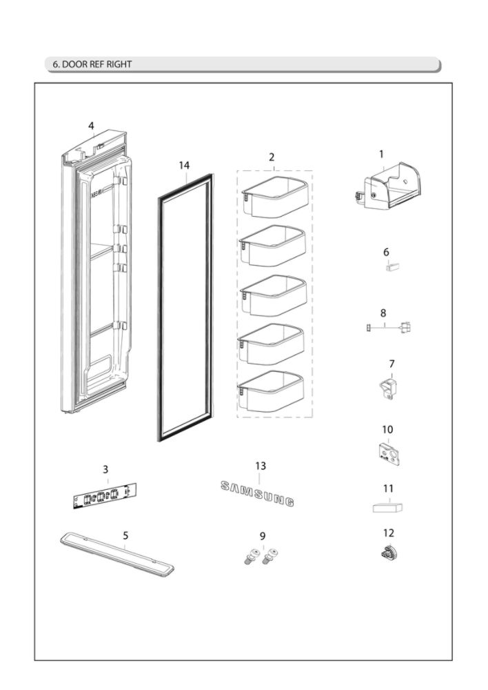 Right Refrigerator Door Parts Diagram and Parts List for RF266AFRS XAC-01 Samsung Refrigerator