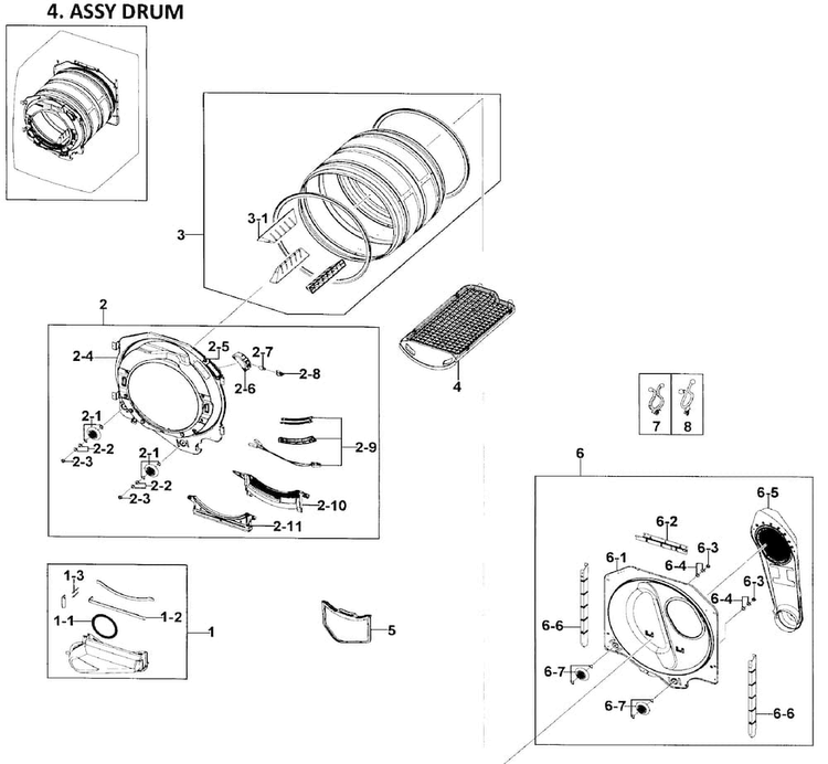 Drum Assy Diagram and Parts List for DV219AGW XAA-0001 Samsung Dryer