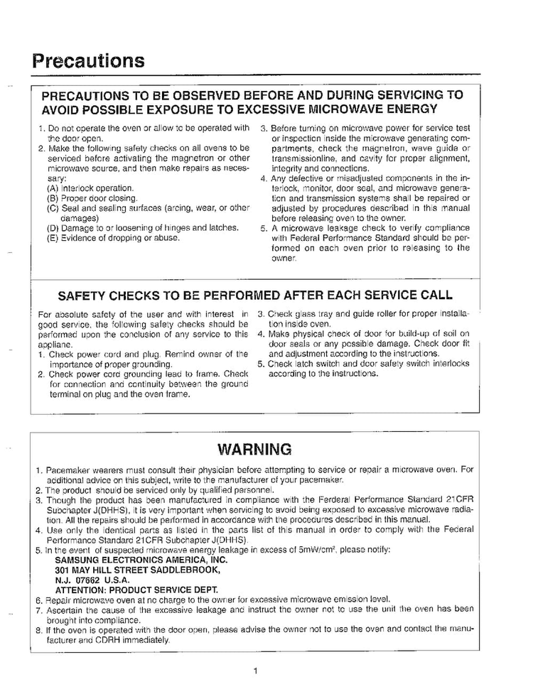 Precautions/safety Check/warning Diagram and Parts List for MW5620T XAA Samsung Microwave