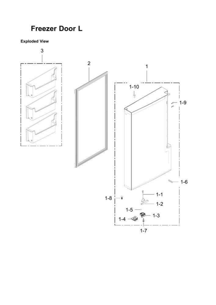 Left Freezer Door Parts Diagram and Parts List for RF24J9960S4 AA-05 Samsung Refrigerator