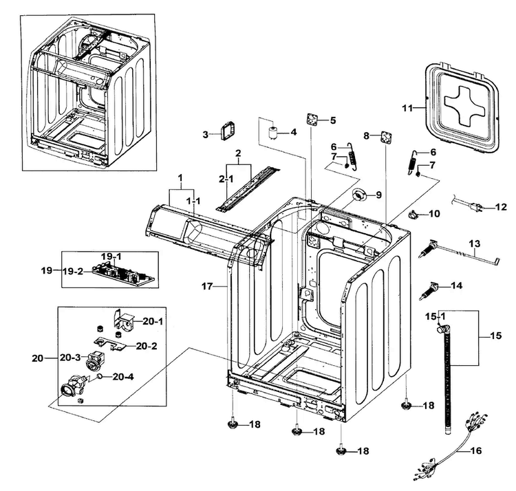 Cabinet Assy Diagram and Parts List for WF206BNW XAA-0000 Samsung Washer