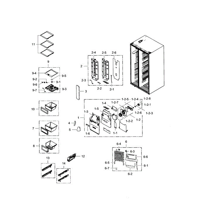 Refrigerator Diagram and Parts List for RS25H5121SR AA-00 Samsung Refrigerator