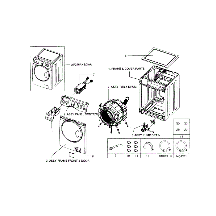 Main Assembly Diagram and Parts List for WF218ANB XAA-01 Samsung Washer