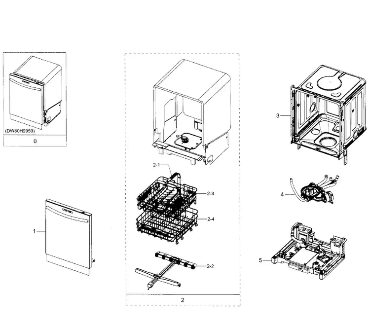Main Section Diagram and Parts List for DW80H9940US AA-0001 Samsung Dishwasher