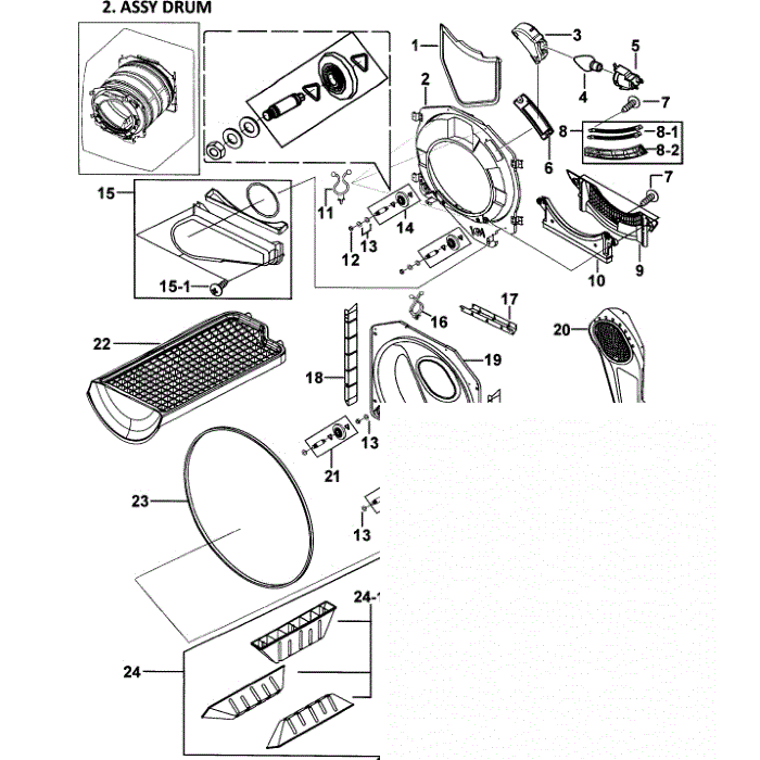 Drum Assembly Diagram and Parts List for DV337AER XAA-00 Samsung Dryer