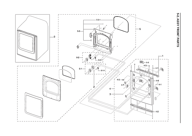 Front Parts Diagram and Parts List for DVE45T3400W A3-00 Samsung Dryer