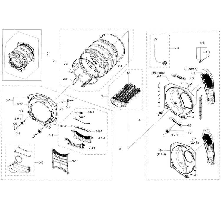 Drum Diagram and Parts List for DV50K7500EW A3-0001 Samsung Dryer