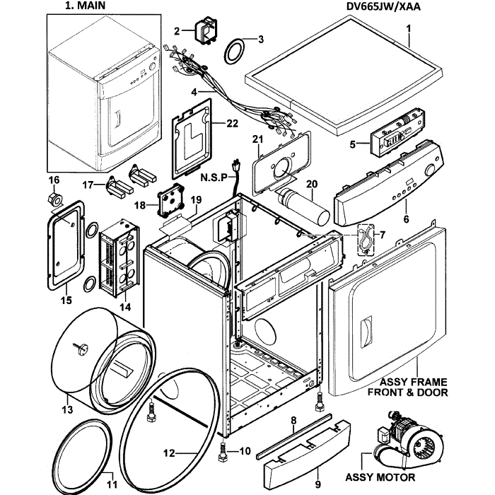 Main Assembly Diagram and Parts List for DV665JW XAA-00 Samsung Dryer